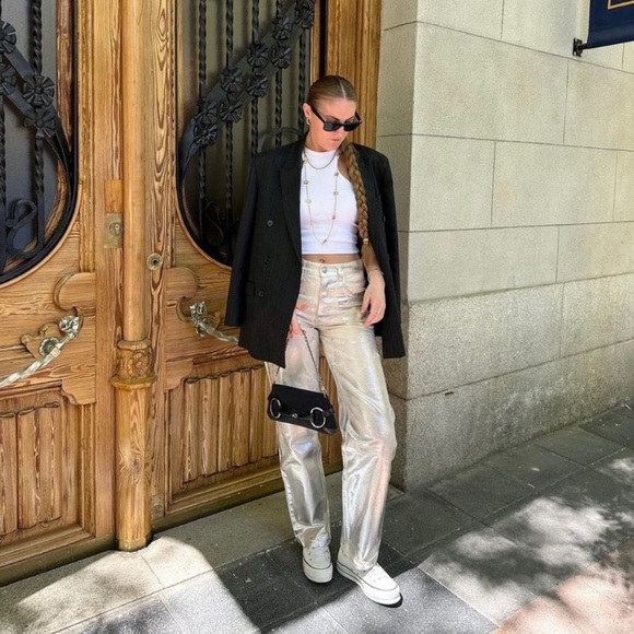 Zara silver metallic wide leg jeans - Picture 5 of 16